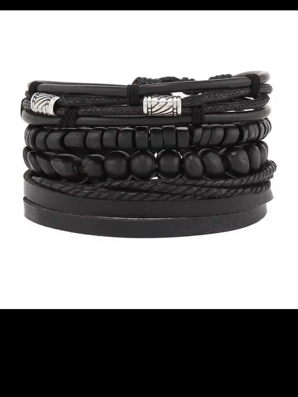 Men's Bracelets Set Leather 4pc Braided Beaded Black Jewelry New G1